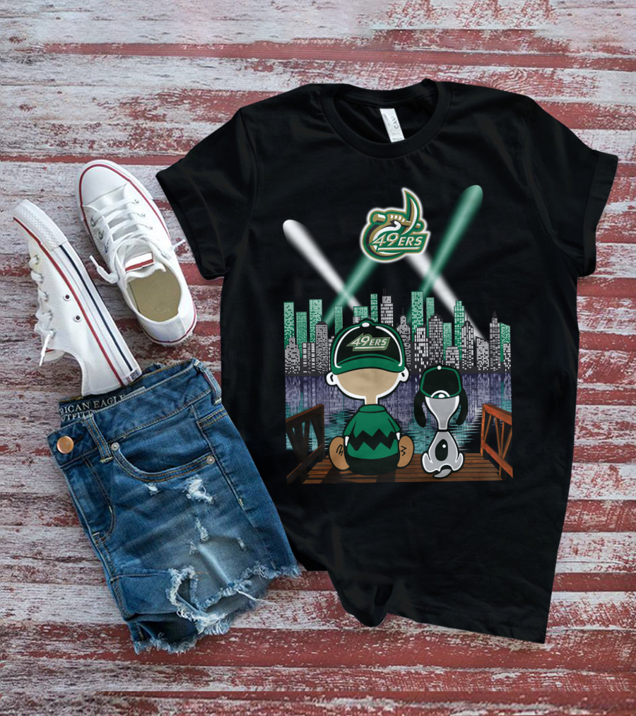 Charlotte 49ers City By Night Lights With Skyline And Characters T-Shirt