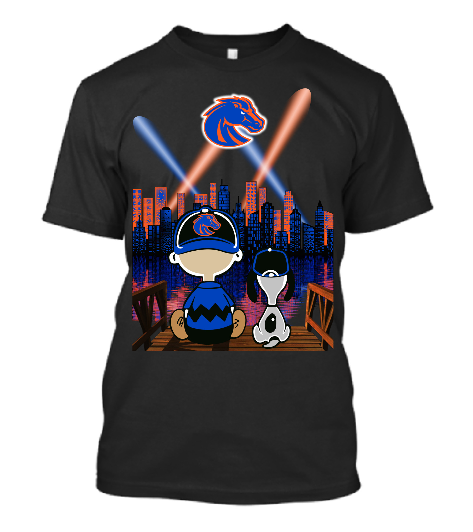 Boise State Broncos City Night Skyline With Cartoon Characters T-Shirt