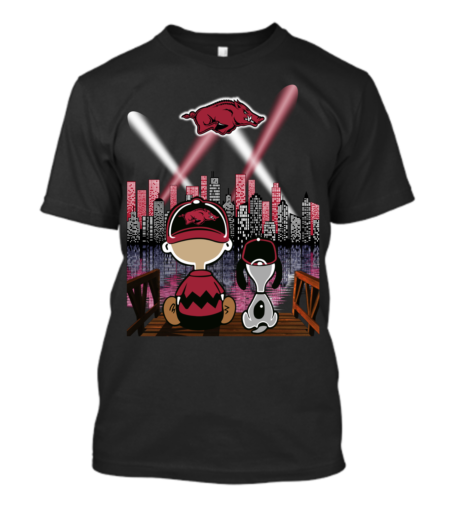 Arkansas Razorbacks '94 Skyline Night Scene With Cartoon Characters And Spotlights T-Shirt