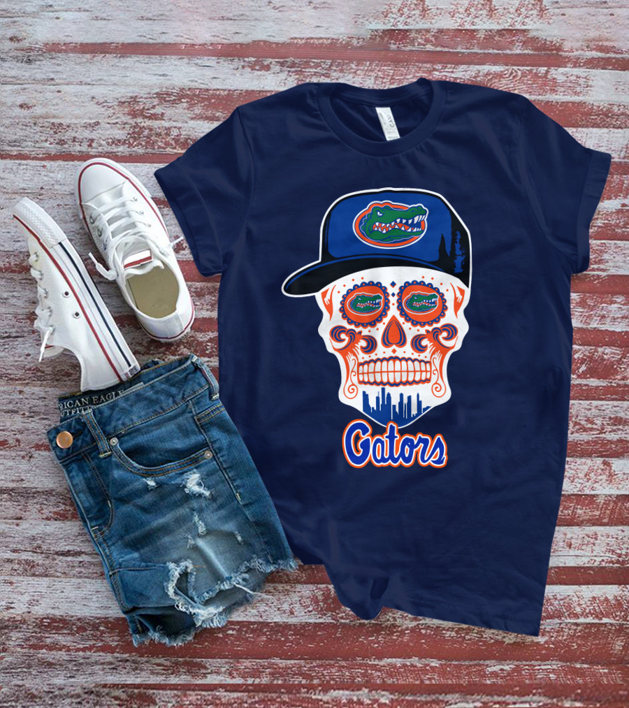 Florida Gators Skull With Alligator Logo And Hat Blue Orange T-Shirt