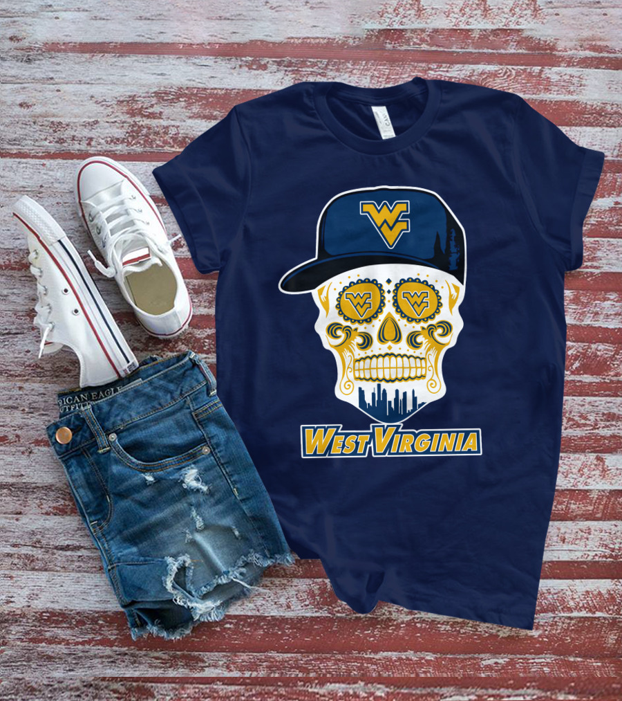 West Virginia Mountaineers Skull Design With Wv Cap And Skyline T-Shirt