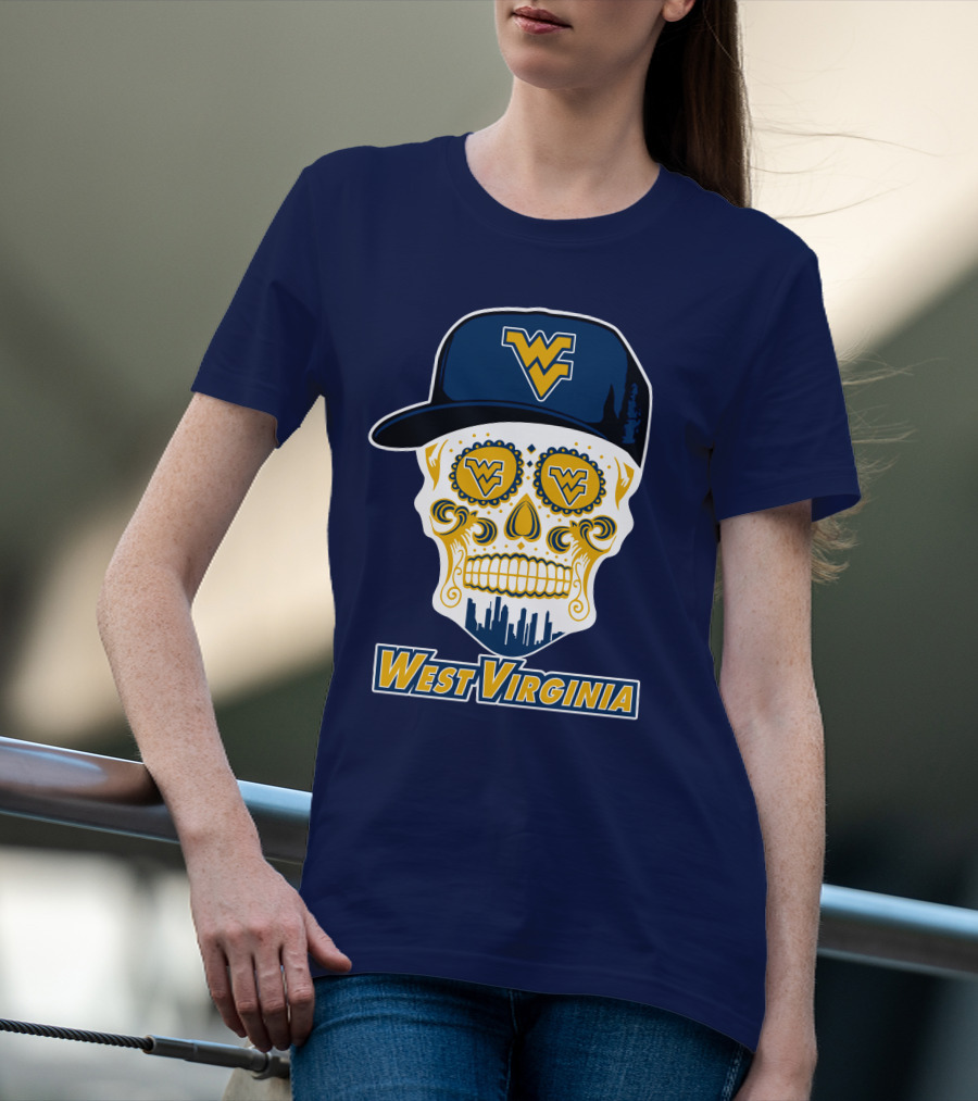 West Virginia Mountaineers Skull Design With Wv Cap And Skyline T-Shirt