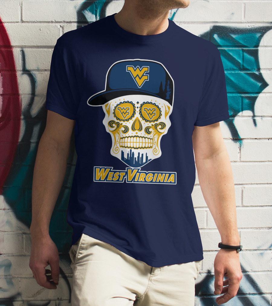 West Virginia Mountaineers Skull Design With Wv Cap And Skyline T-Shirt