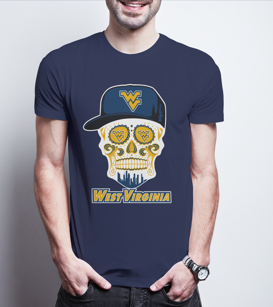 West Virginia Mountaineers Skull Design With Wv Cap And Skyline T-Shirt