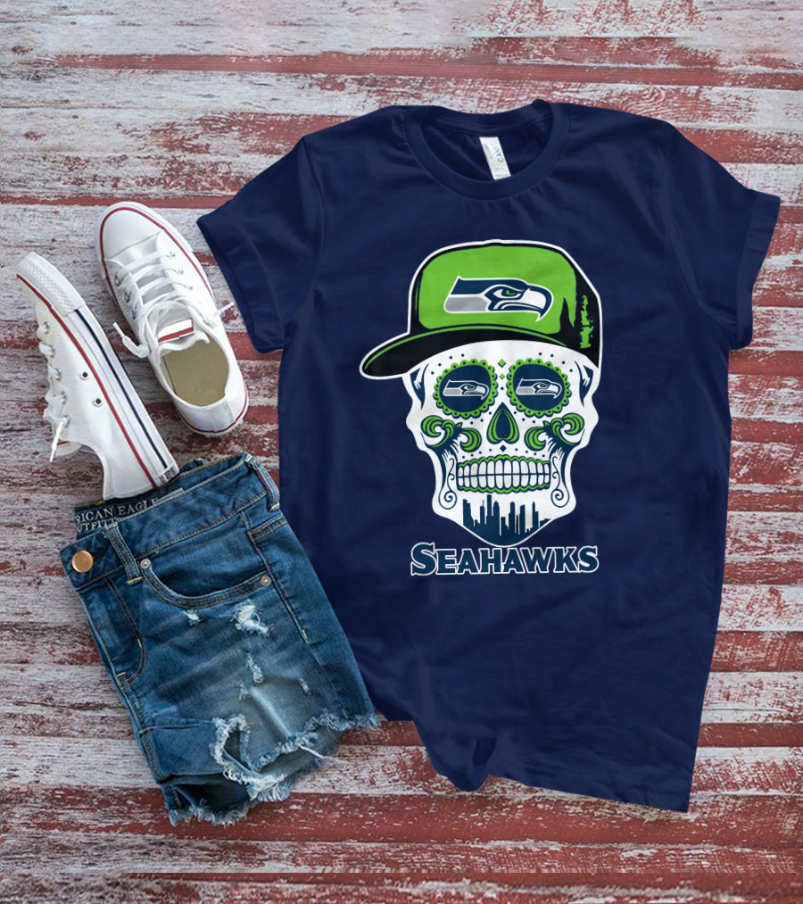 Seattle Seahawks Skull Art With Team Logo And Skyline T-Shirt
