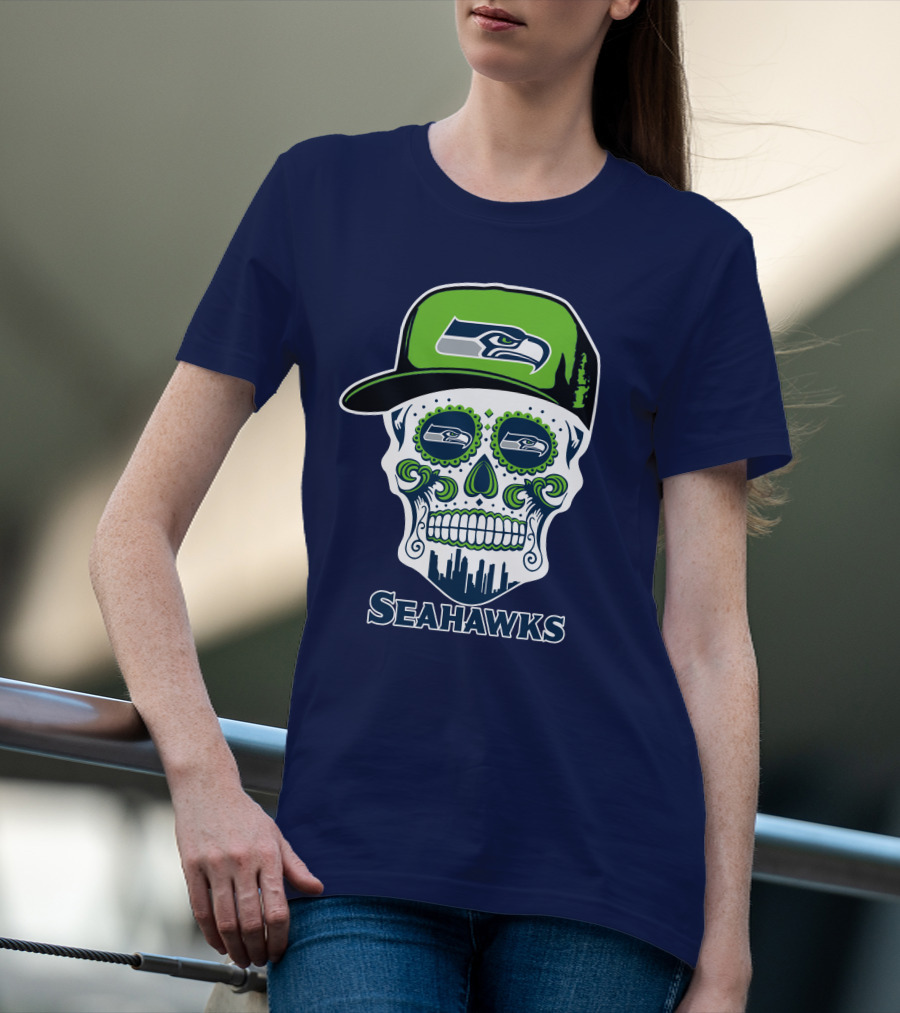 Seattle Seahawks Skull Art With Team Logo And Skyline T-Shirt