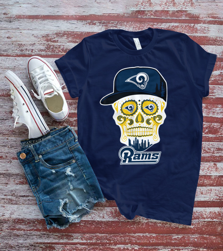 Los Angeles Rams Skull Iconic Rams Logo In Cap Funny T-Shirt