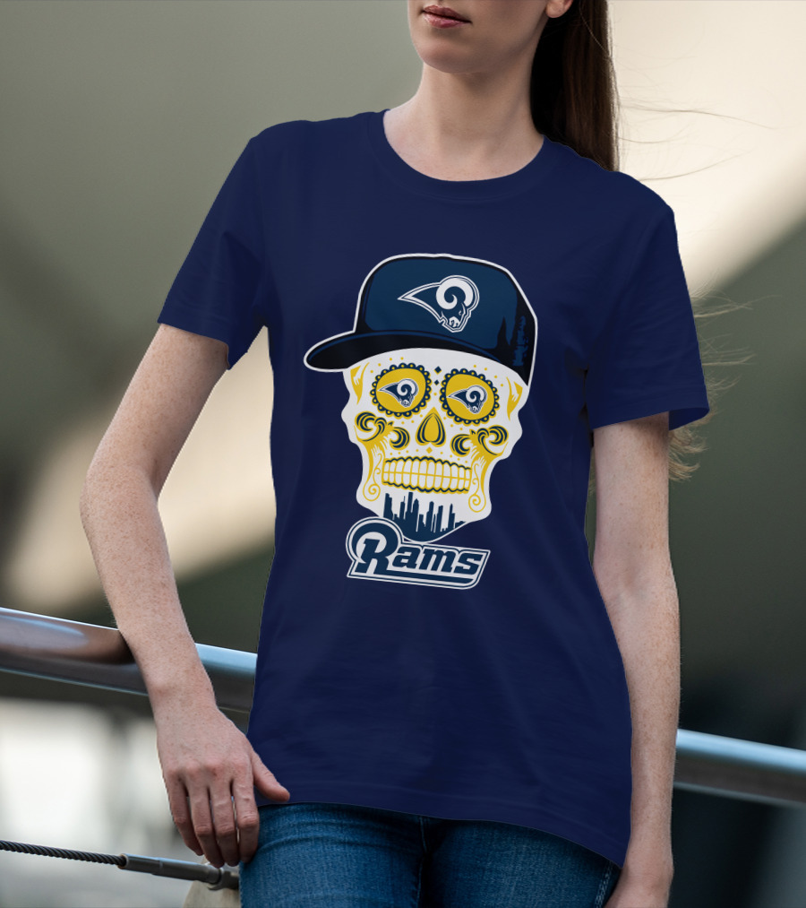 Los Angeles Rams Skull Iconic Rams Logo In Cap Funny T-Shirt