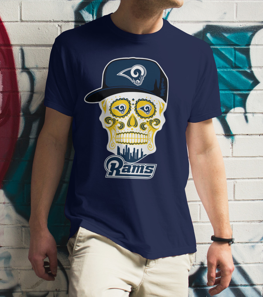 Los Angeles Rams Skull Iconic Rams Logo In Cap Funny T-Shirt