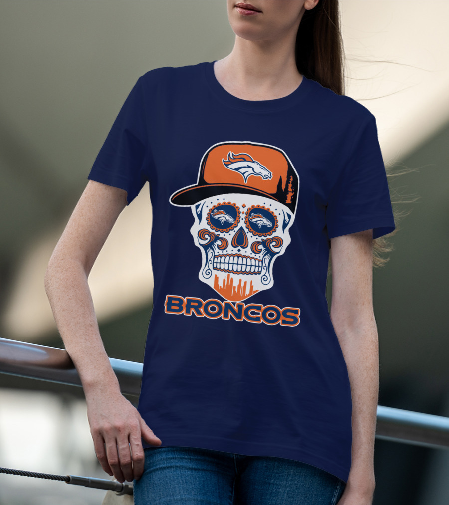 Denver Broncos Skull Funny Sugar Skull Face Cap T-Shirt
