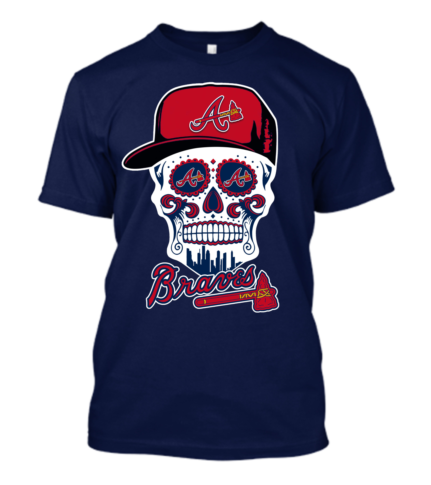 Atlanta Braves Skull With Baseball Cap And Tomahawk T-Shirt