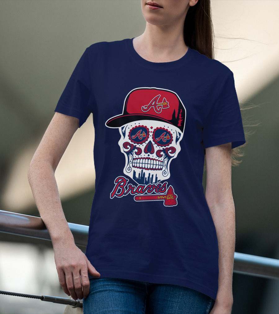 Atlanta Braves Skull With Baseball Cap And Tomahawk T-Shirt