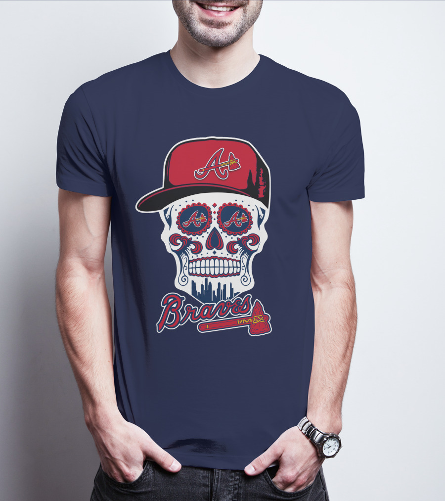 Atlanta Braves Skull With Baseball Cap And Tomahawk T-Shirt
