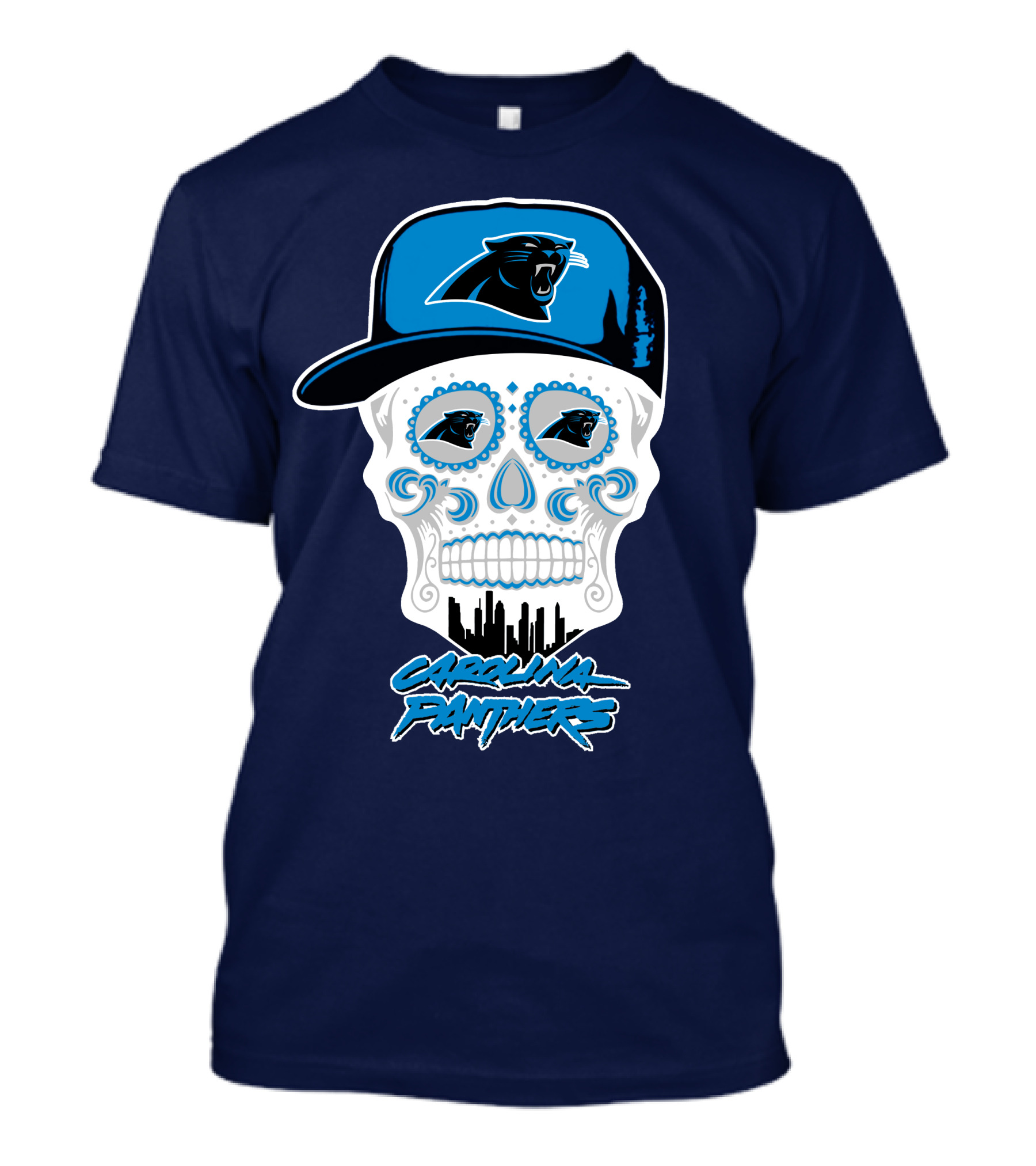 Carolina Panthers Skull Design With Panther Eyes And Cap T-Shirt