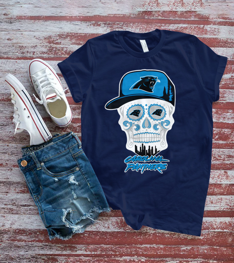Carolina Panthers Skull Design With Panther Eyes And Cap T-Shirt