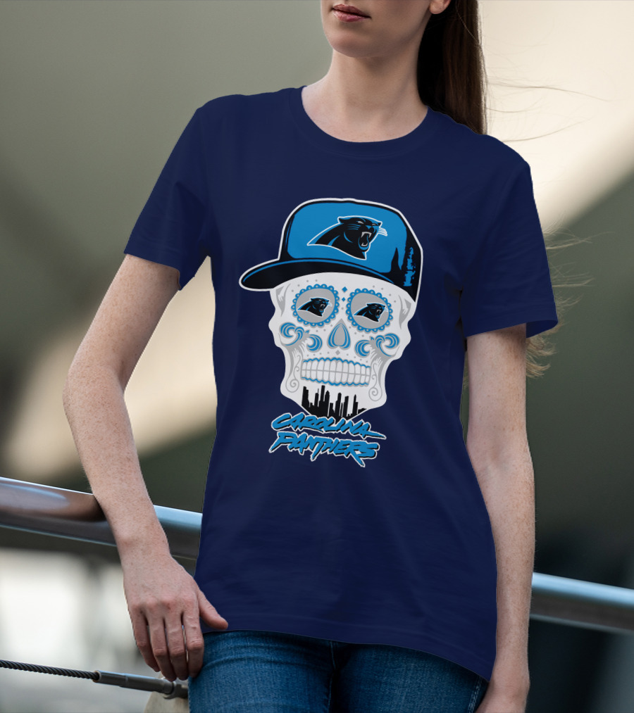 Carolina Panthers Skull Design With Panther Eyes And Cap T-Shirt