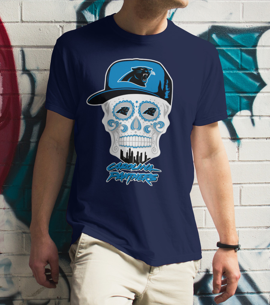 Carolina Panthers Skull Design With Panther Eyes And Cap T-Shirt