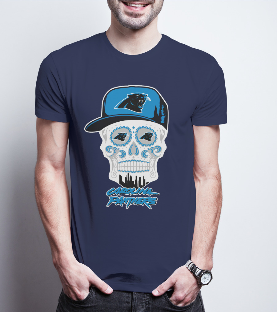 Carolina Panthers Skull Design With Panther Eyes And Cap T-Shirt