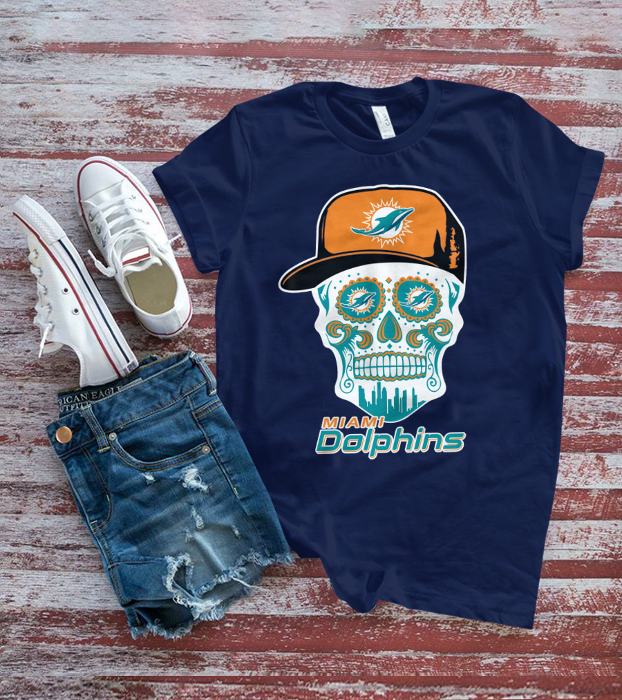 Miami Dolphins Sugar Skull Cap Art T-Shirt