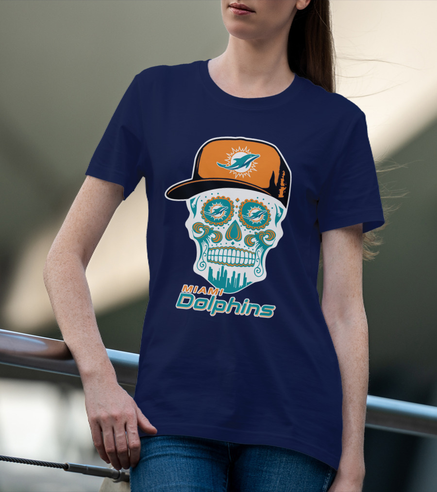 Miami Dolphins Sugar Skull Cap Art T-Shirt