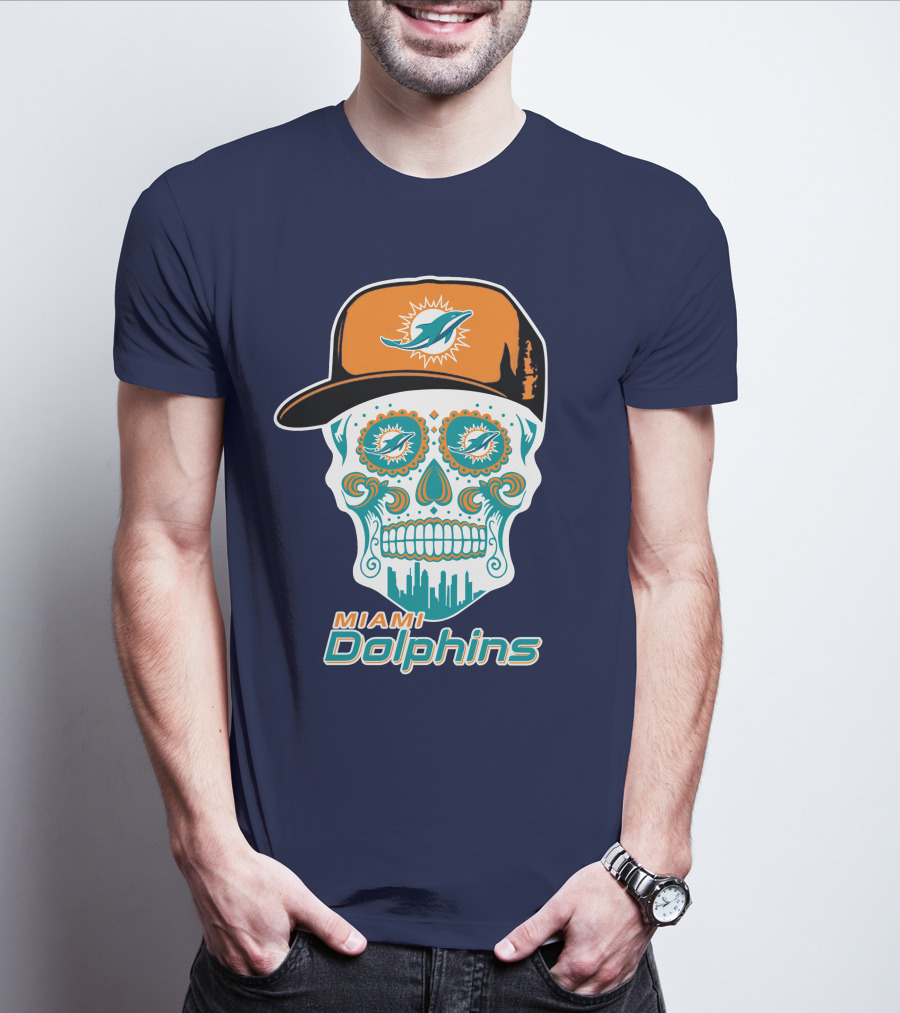 Miami Dolphins Sugar Skull Cap Art T-Shirt