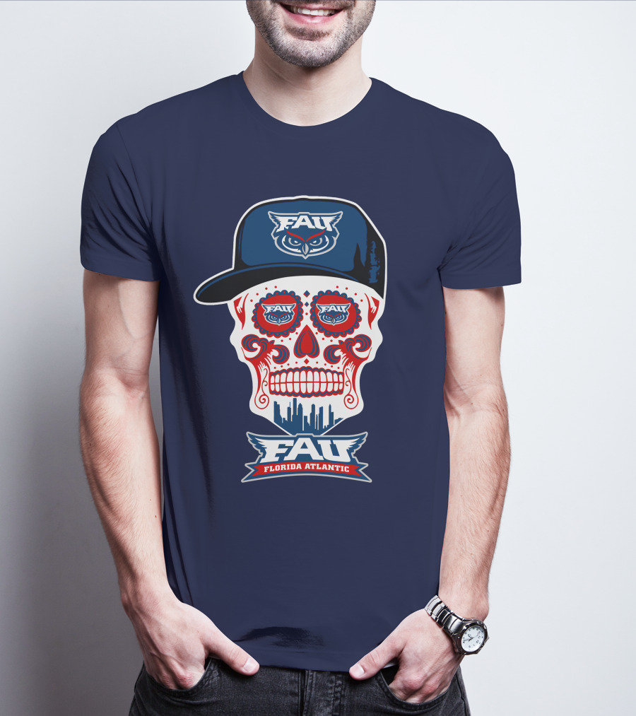 Fau Florida Atlantic Owls Sugar Skull With Cap T-Shirt