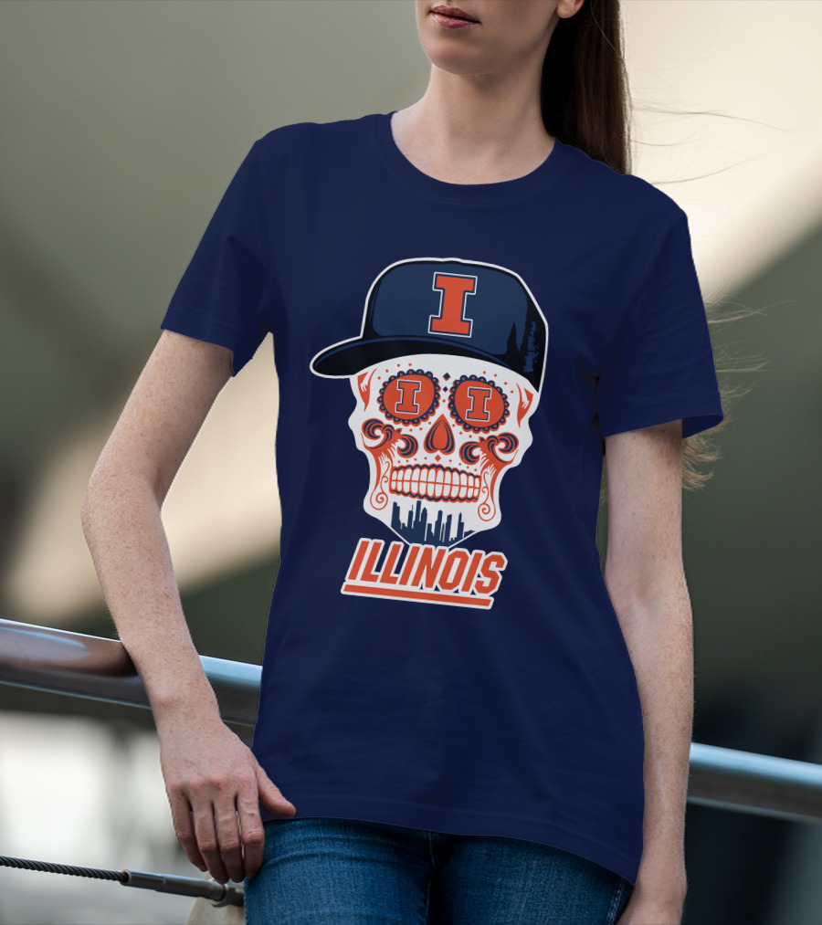 Illinois Fighting Illini Skull With Cap And Skyline T-Shirt
