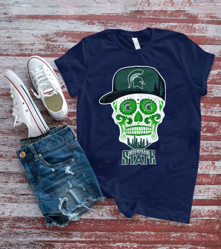 Michigan State Spartans Sugar Skull With Spartan Helmet Icon And City Skyline T-Shirt