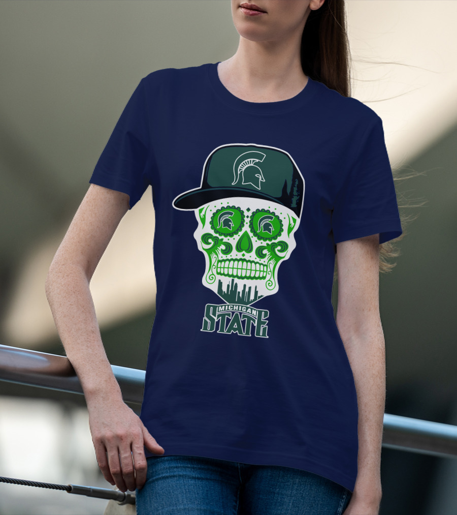 Michigan State Spartans Sugar Skull With Spartan Helmet Icon And City Skyline T-Shirt