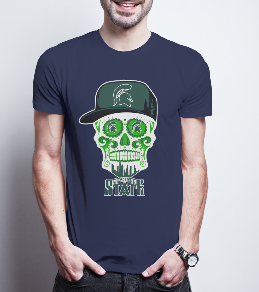Michigan State Spartans Sugar Skull With Spartan Helmet Icon And City Skyline T-Shirt
