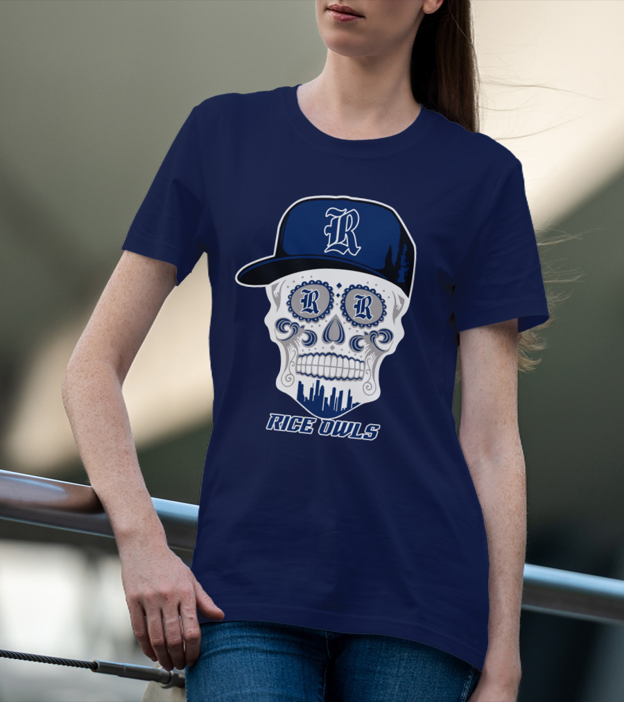 Rice Owls Skull With Cap And City Skyline T-Shirt