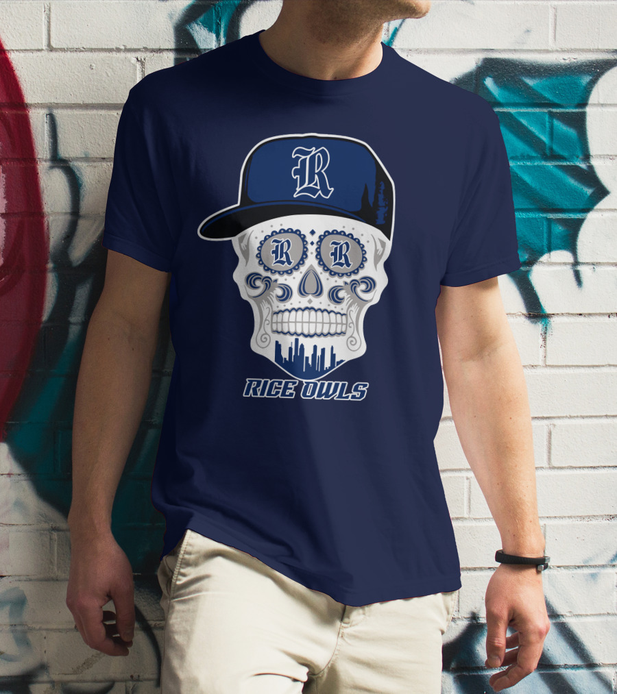 Rice Owls Skull With Cap And City Skyline T-Shirt