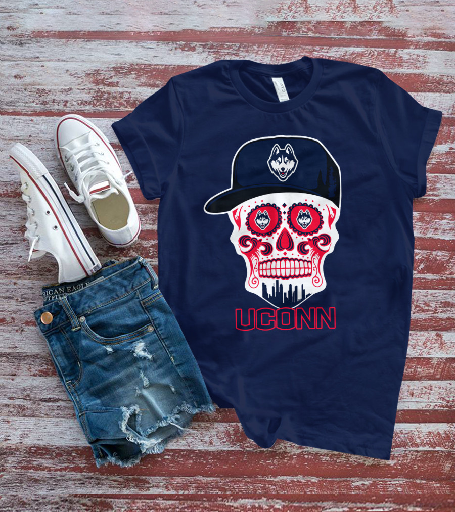 Uconn Huskies Sugar Skull With Hat T-Shirt