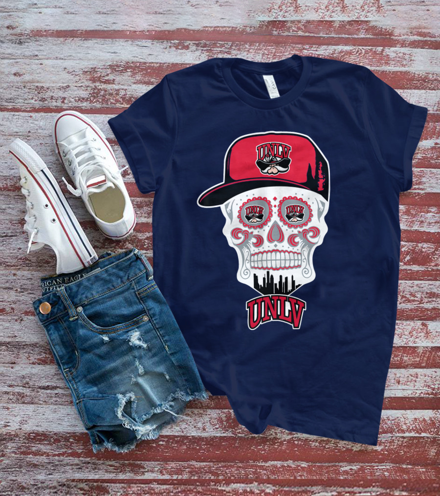 Unlv Rebels Skull With Cap Design Featuring Mascot Logo And Skyline T-Shirt