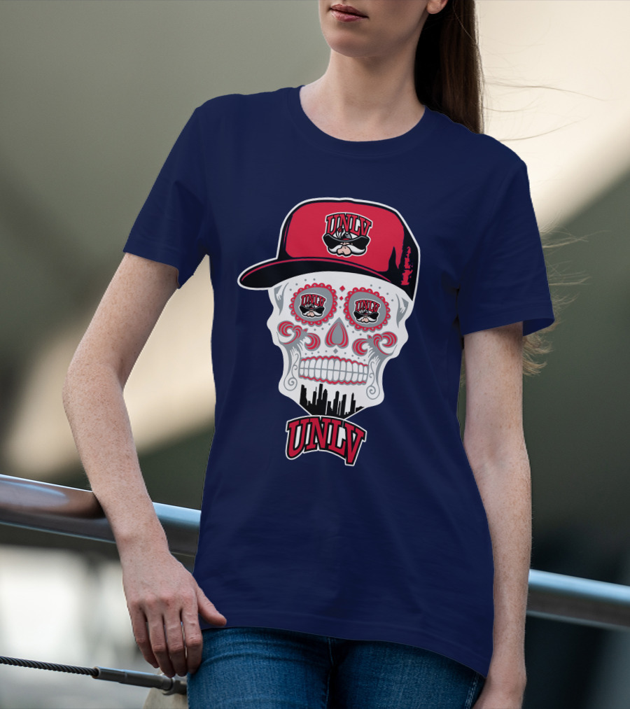 Unlv Rebels Skull With Cap Design Featuring Mascot Logo And Skyline T-Shirt