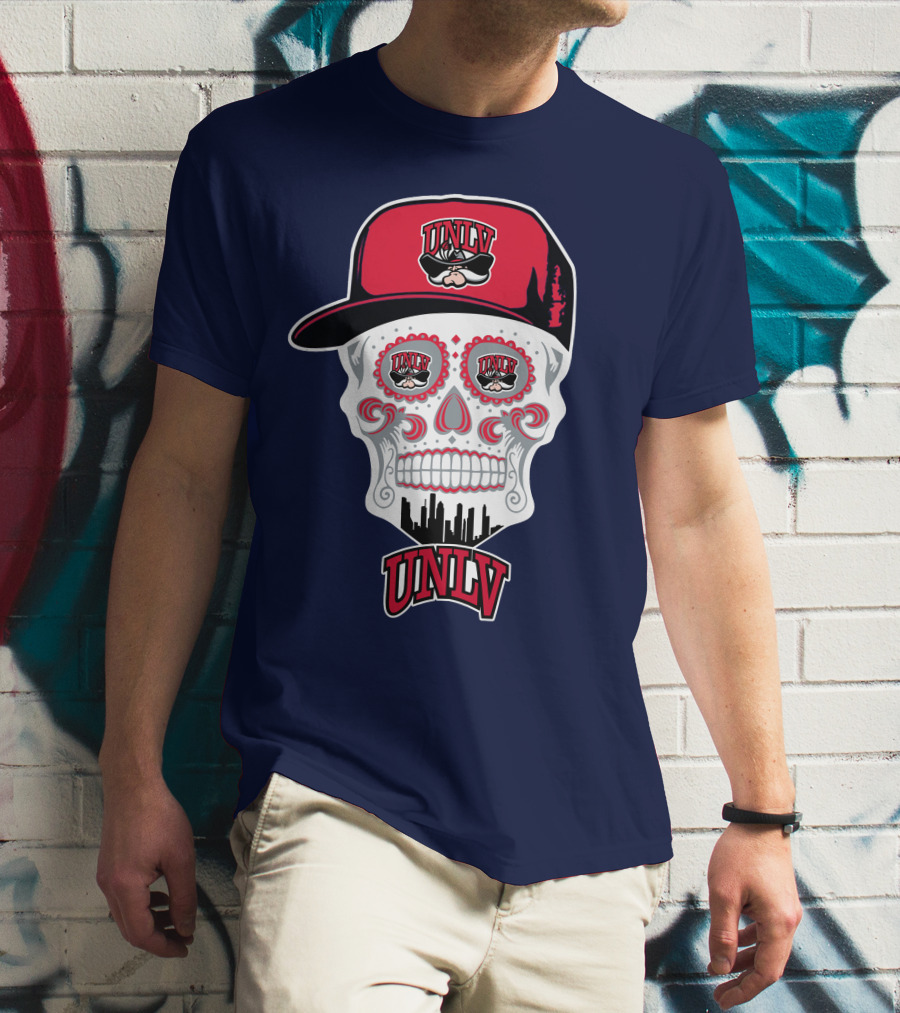 Unlv Rebels Skull With Cap Design Featuring Mascot Logo And Skyline T-Shirt