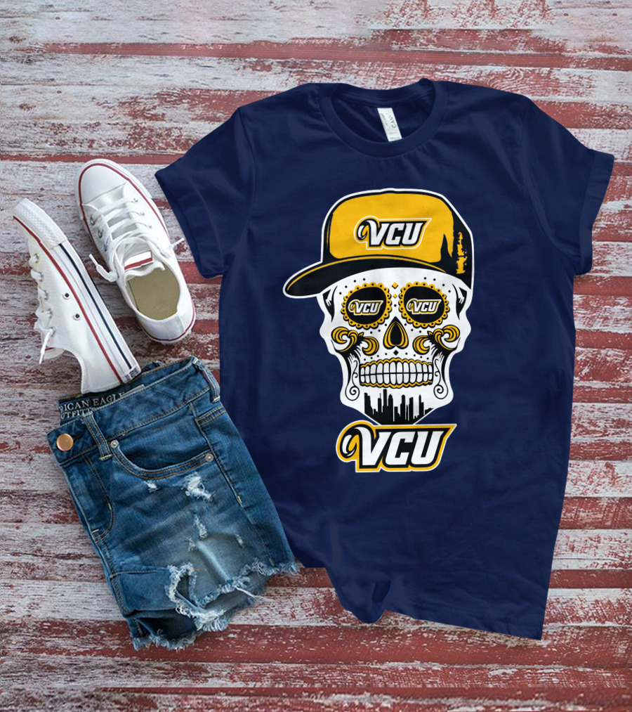 Vcu Rams Dia De Los Muertos Skull With Iconic Cap And Skyline T-Shirt
