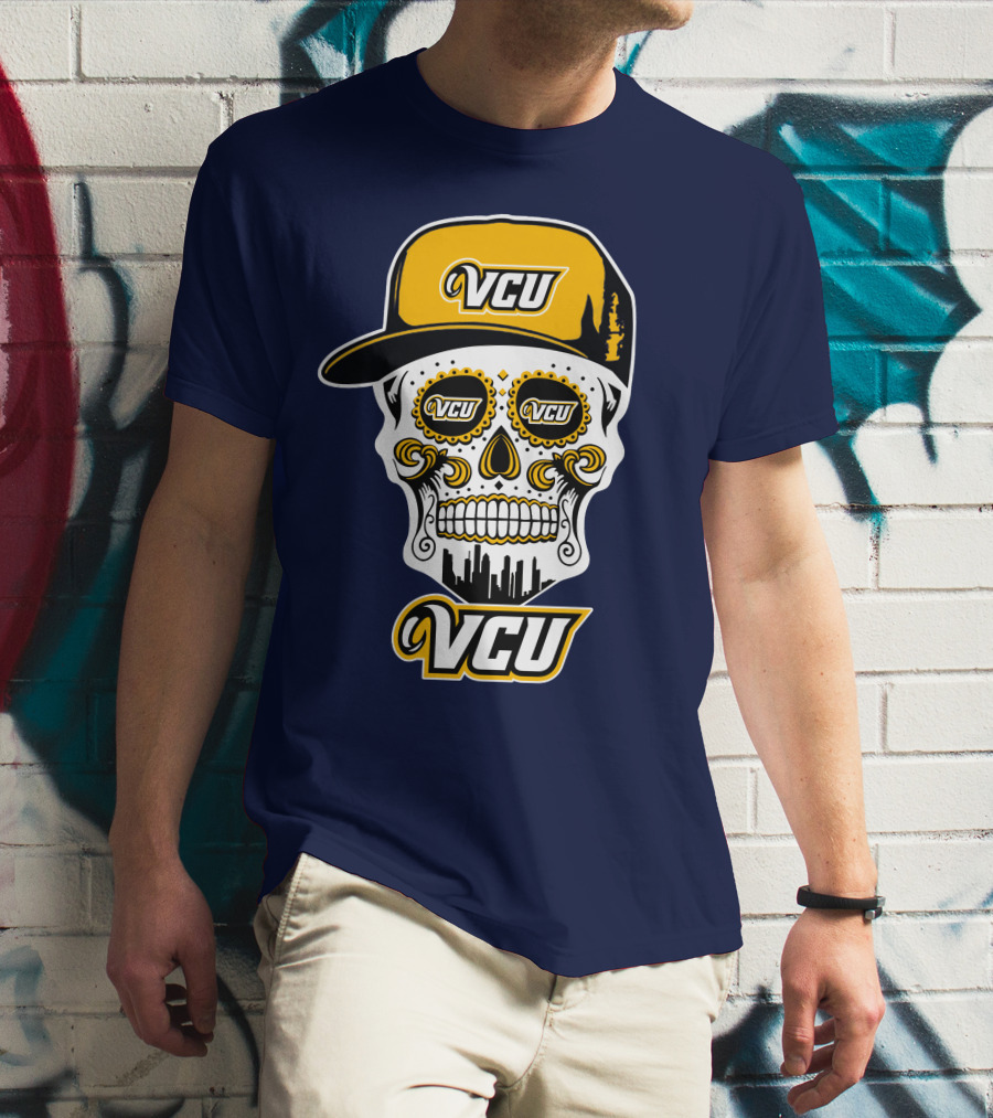 Vcu Rams Dia De Los Muertos Skull With Iconic Cap And Skyline T-Shirt