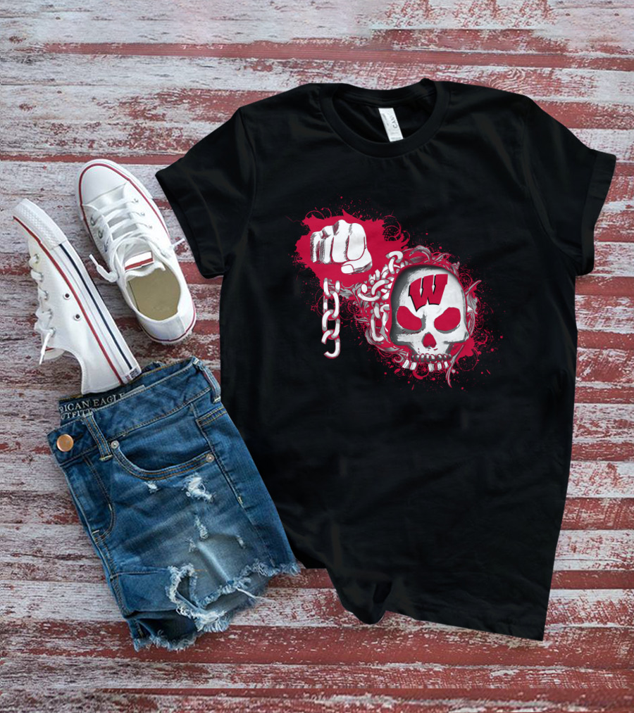 W Skull And Fist With Chain Red And White T-Shirt