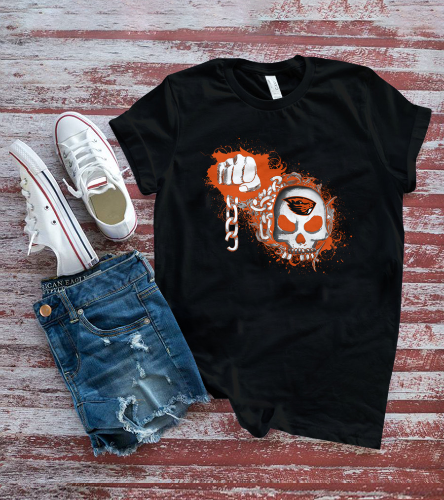 Oregon State Beavers Skull With Orange Logos Fist And Chains T-Shirt