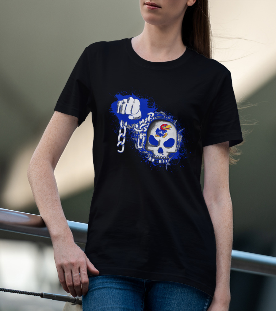 Kansas Jayhawks Skull With Chains And Bold Fist T-Shirt