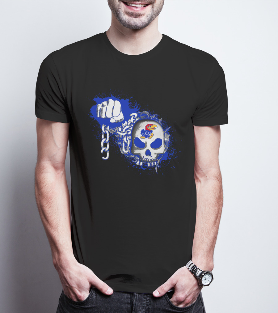 Kansas Jayhawks Skull With Chains And Bold Fist T-Shirt