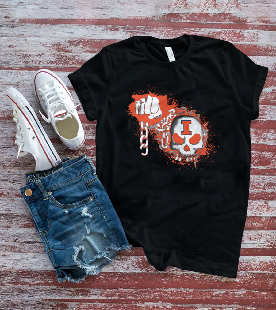 Illinois Fighting Illini Skull And Fist Design With Orange I T-Shirt