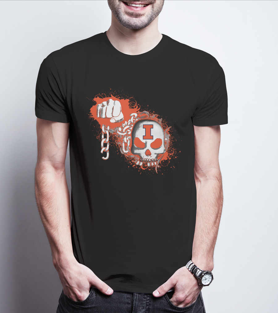 Illinois Fighting Illini Skull And Fist Design With Orange I T-Shirt