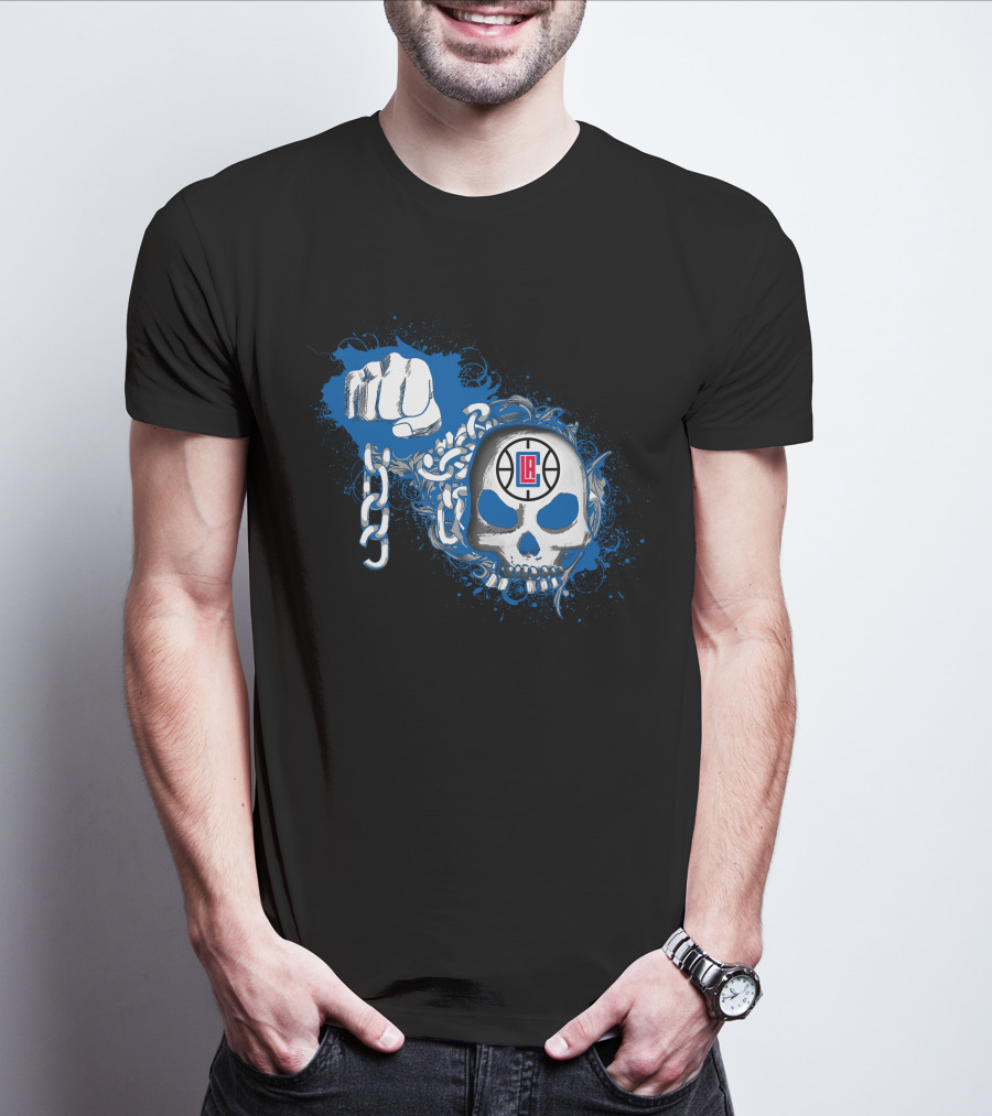La Clippers Skull With Fist And Chains On Blue Splash T-Shirt
