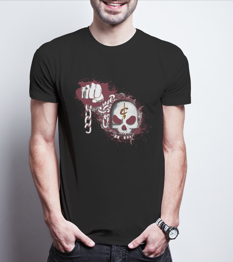 Cleveland Cavaliers Skull With Chains And Fist On Dark T-Shirt