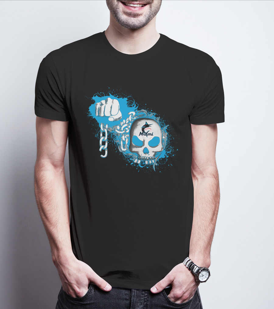 Miami Marlins Skull And Fist With Chain T-Shirt
