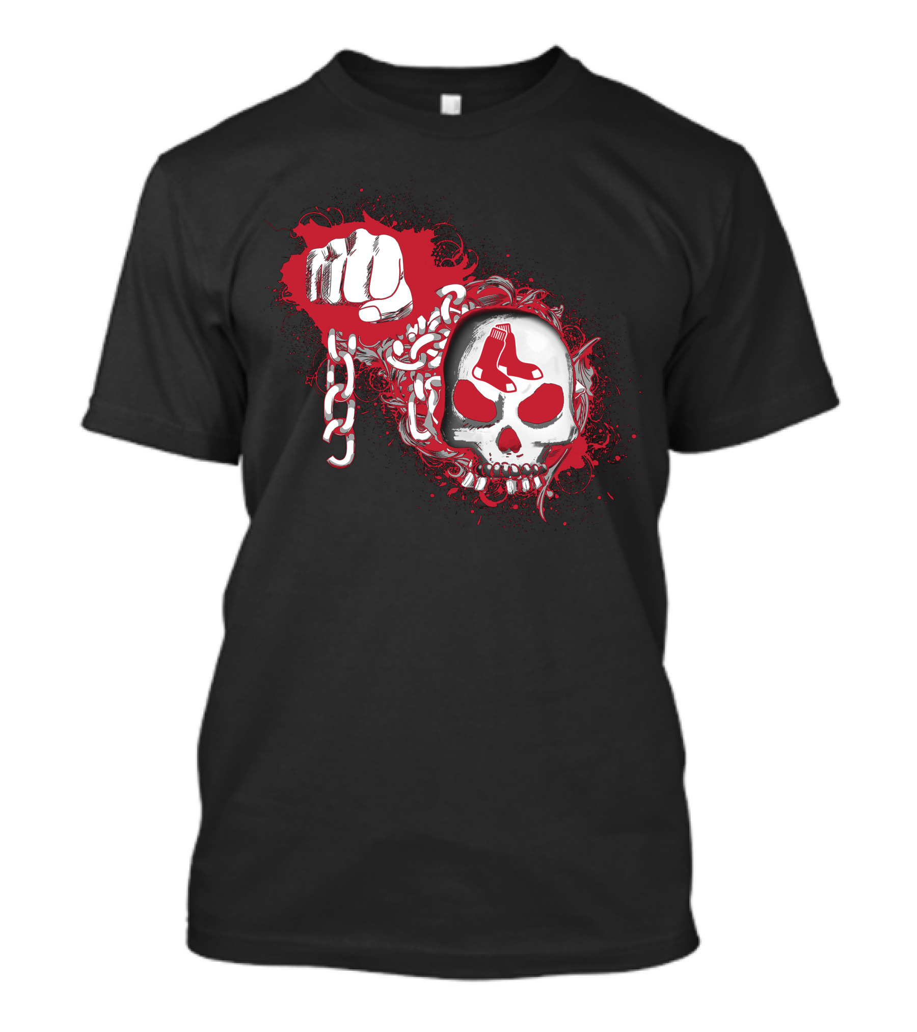 Boston Red Sox Skull With Chains And Fist On Black T-Shirt