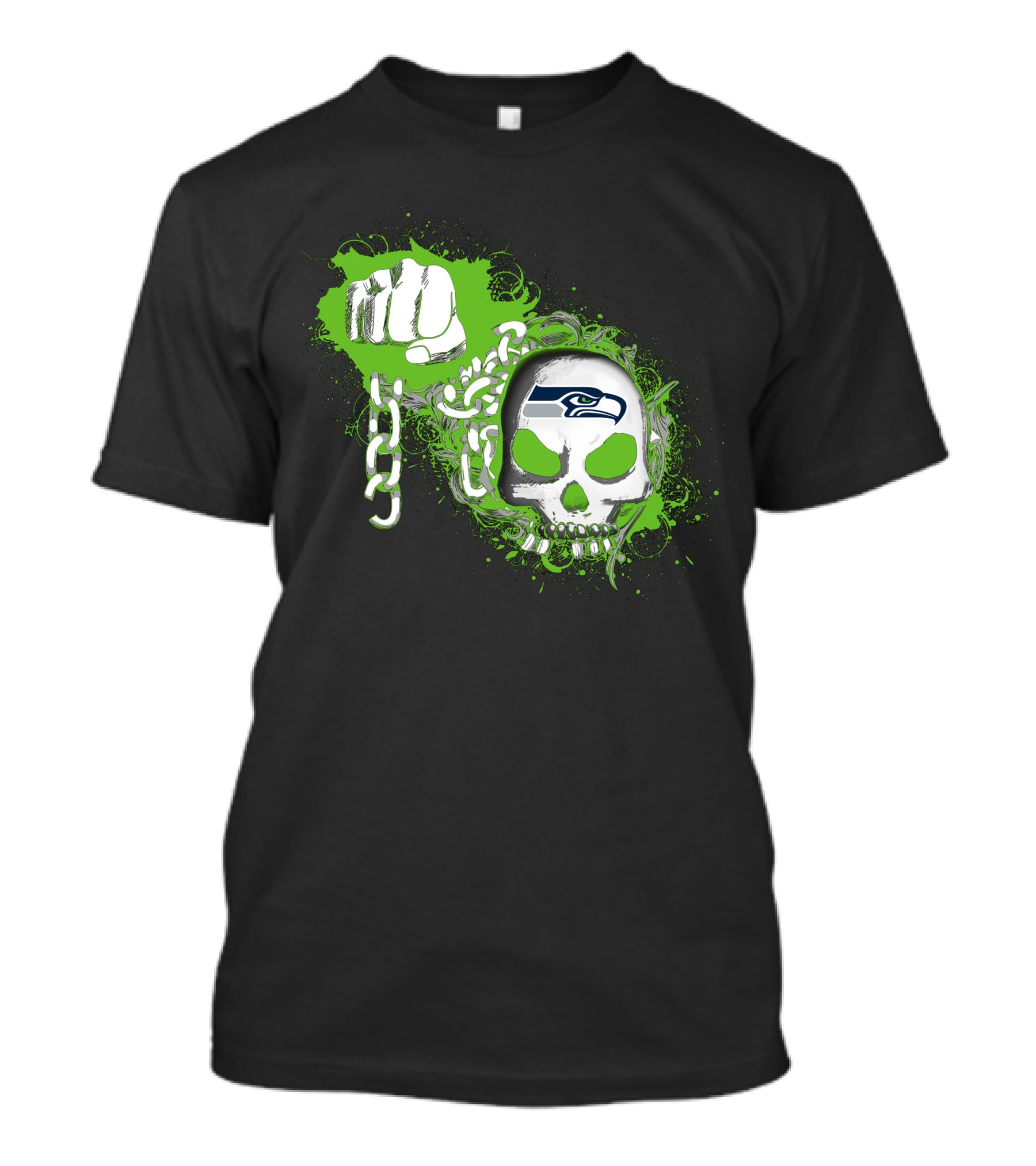 Seattle Seahawks Skull With Green Splatter And Chain Fist T-Shirt