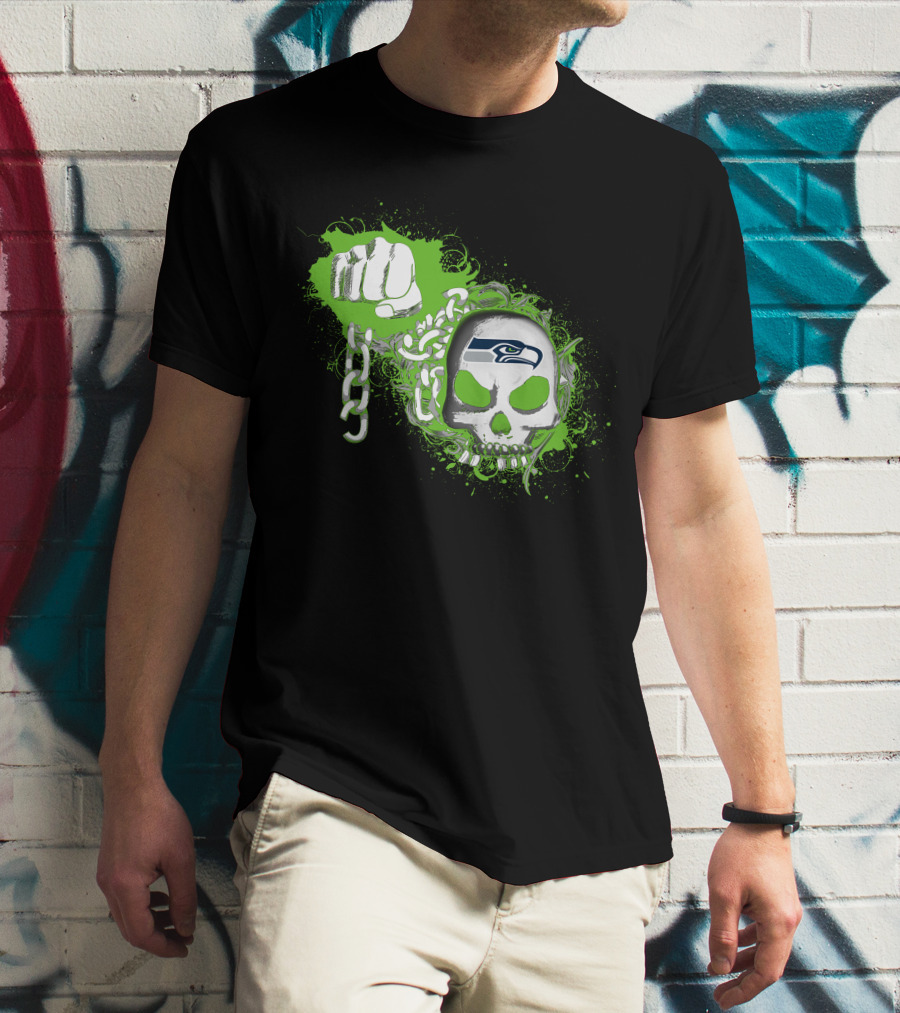 Seattle Seahawks Skull With Green Splatter And Chain Fist T-Shirt